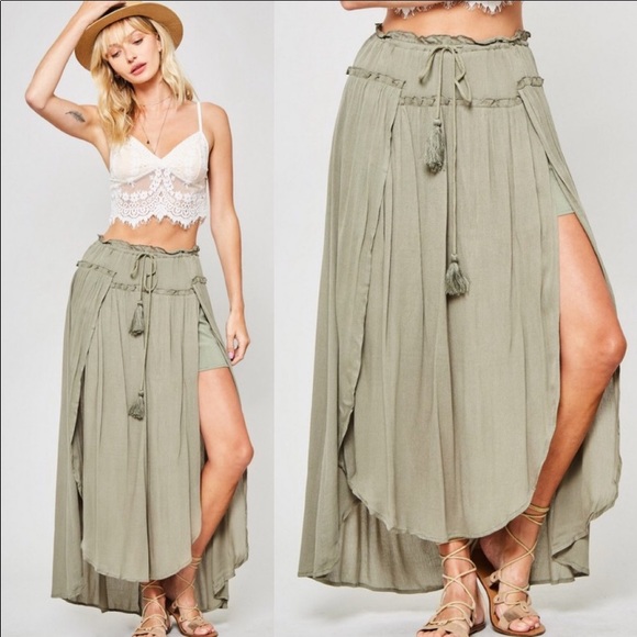 ✨HP🌻Olive Green Boho Chic Maxi Split Skirt✨S M L✨ - Picture 1 of 3